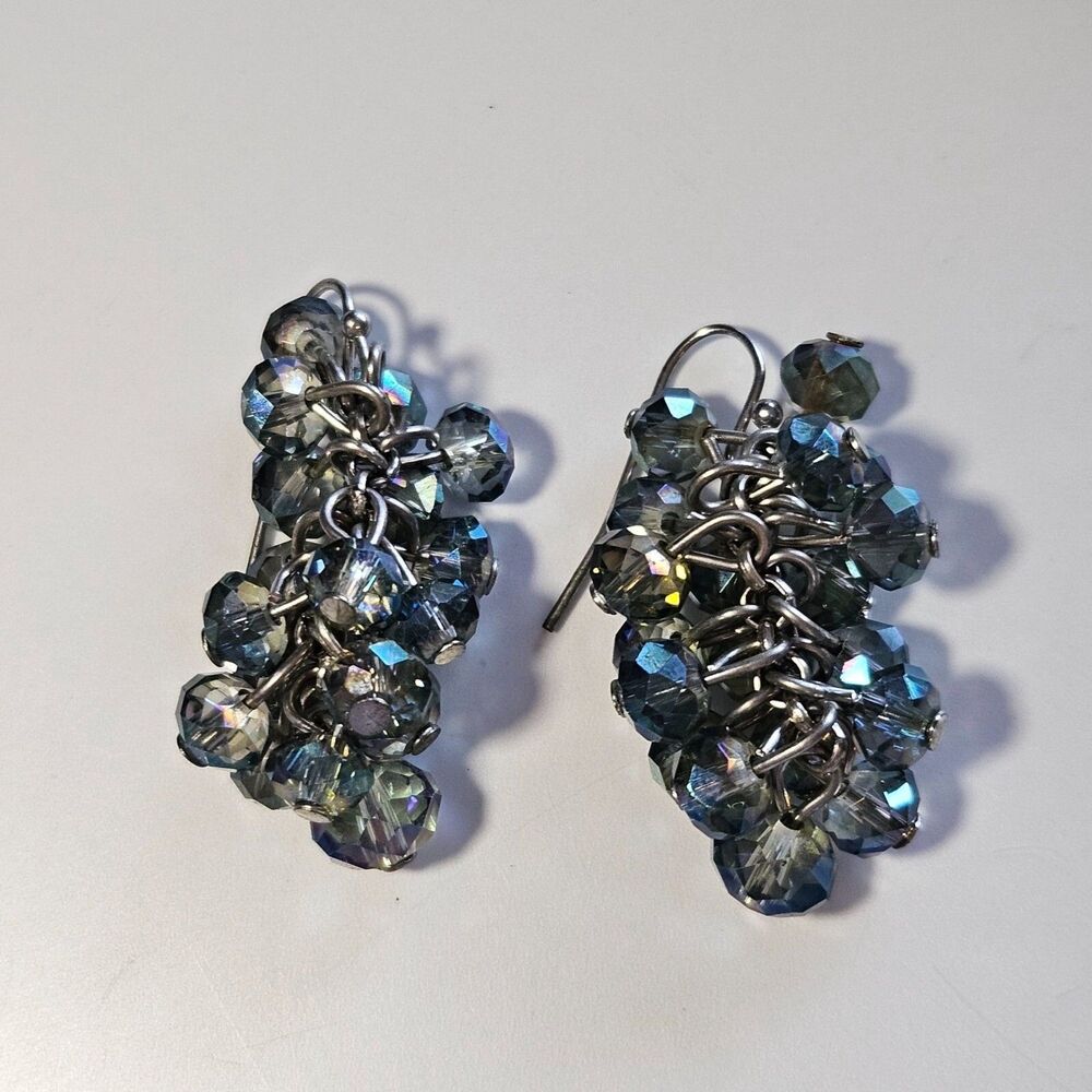 Sparkly Silver Tone Blue Beaded Cluster Earrings